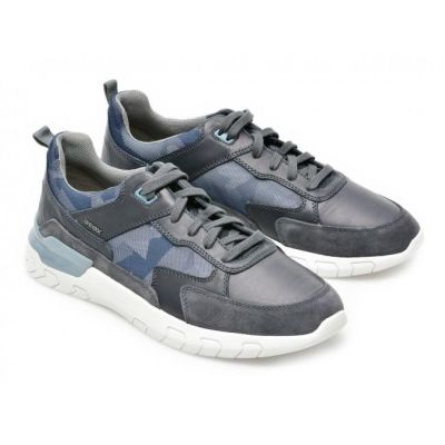 GEOX U158ZC 0009P Sneakers Grecale uomo in tela e camoscio con fondo bianco color Avio Navy