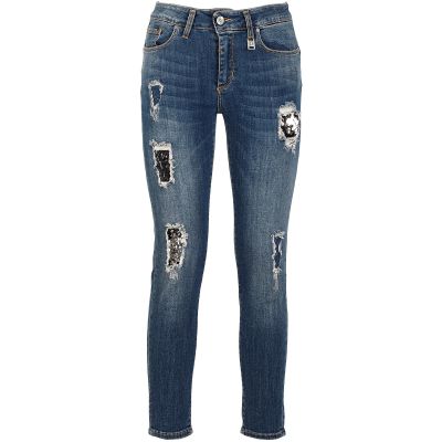Cafenoir JJ0003 Jeans donna denim skinny con abrasioni e pailettes colore blu medio chiaro