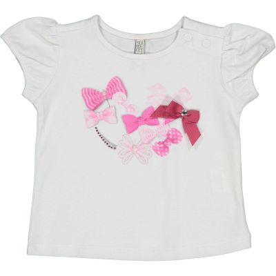 Birba 999 44098 00 Maglia neonata bianca con fiocchi fuxia e strass