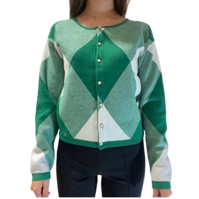 Fly Girl 11341 Cardigan donna bottoni gioiello verde e panna