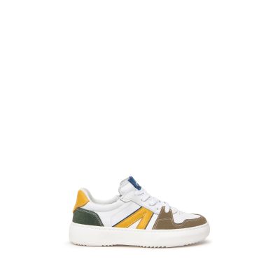 NeroGiardini E334382M Sneaker bambino  in pelle bianca con dettagli in camoscio giallo ecru e verde 35 al 39