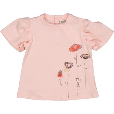 Tshirt in jersey di cotone stretch con fiori stampati sul fondo con petali in voile 84056