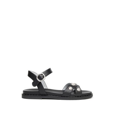 Sandalo donna NeroGiardini flat in pelle con accessori e fondo gomma morbido E410490D