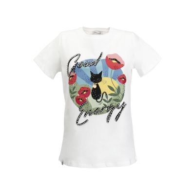 T-shirt con stampa cat noir tra i papaveri JT0179