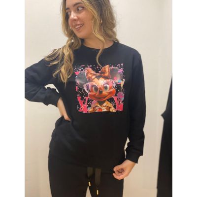 Felpa girocollo ragazza garzata stampata Gattina e LV FN01