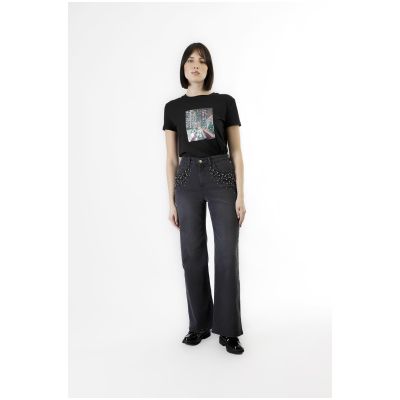 Jeans denim wide leg CafèNoir con perle alle tasche JJ0157