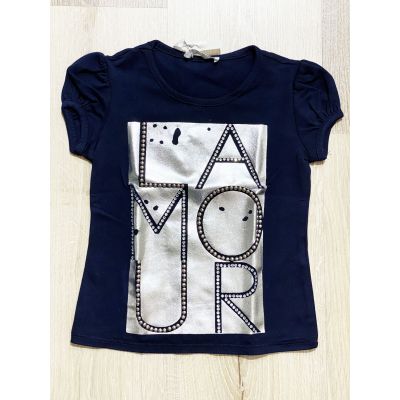 ARTIGLI A10297 T-shirt blu con stampa argento con borchie e strass